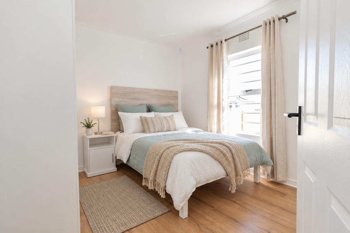A bright and well-maintained bedroom featuring laminate flooring and a functional louvre window with curtain rod.