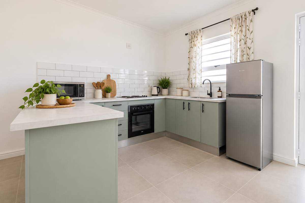 Modern kitchen featuring sage green cabinetry, white subway tile backsplash, light-toned floor tiles, and integrated appliances in a clean, functional layout.