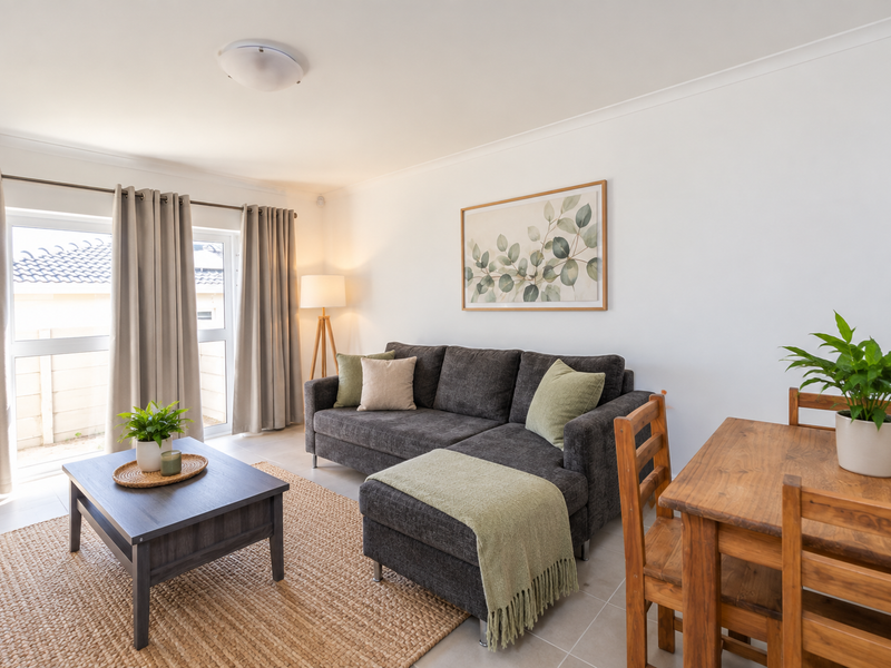 A bright open-plan living and dining area featuring neutral tiled flooring and a large sliding glass door providing access to the exterior.
