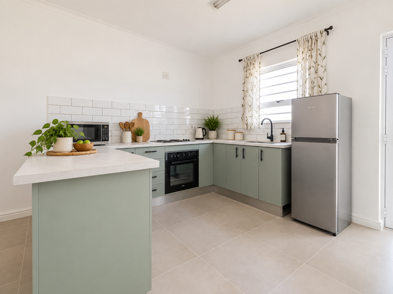 Modern kitchen featuring sage green cabinetry, white subway tile backsplash, light-toned floor tiles, and integrated appliances in a clean, functional layout.