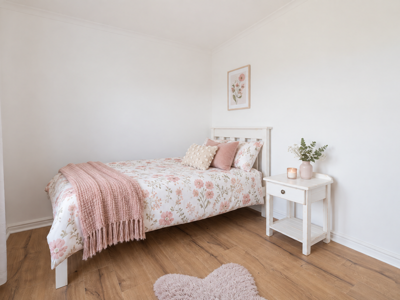 A bright and well-maintained bedroom featuring light wood-look laminate flooring and neutral white walls.