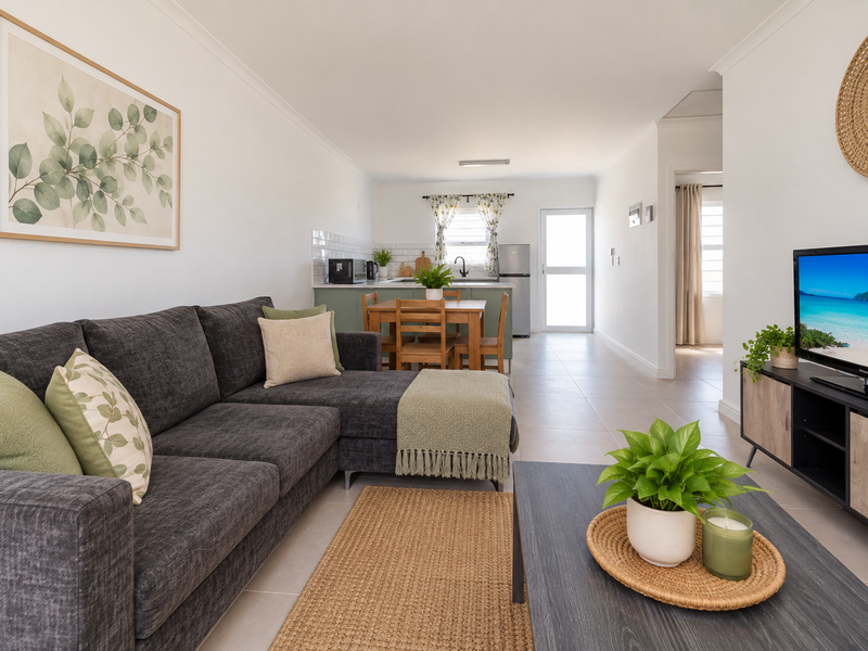 An open-plan living and kitchen area featuring tiled flooring, modern cabinetry, and a functional layout with direct access to an external door.