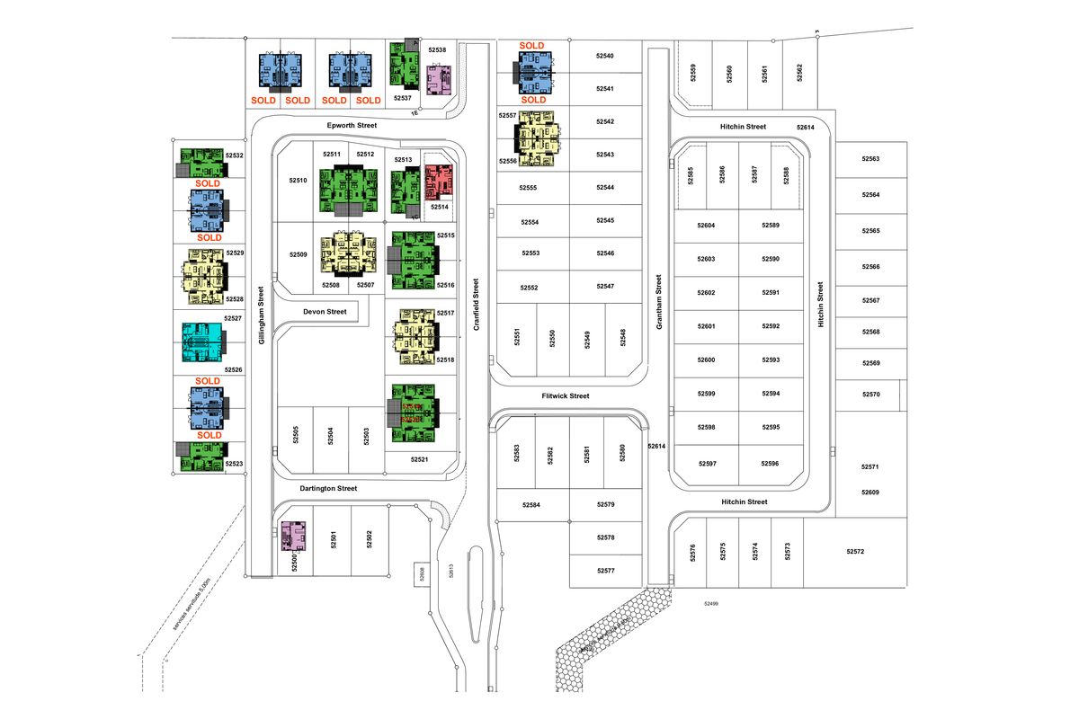 A comprehensive site development plan showing the layout of residential plots, street networks, and property numbering within the estate.