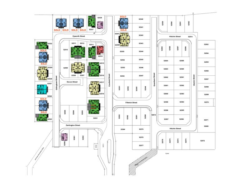 A comprehensive site development plan showing the layout of residential plots, street networks, and property numbering within the estate.