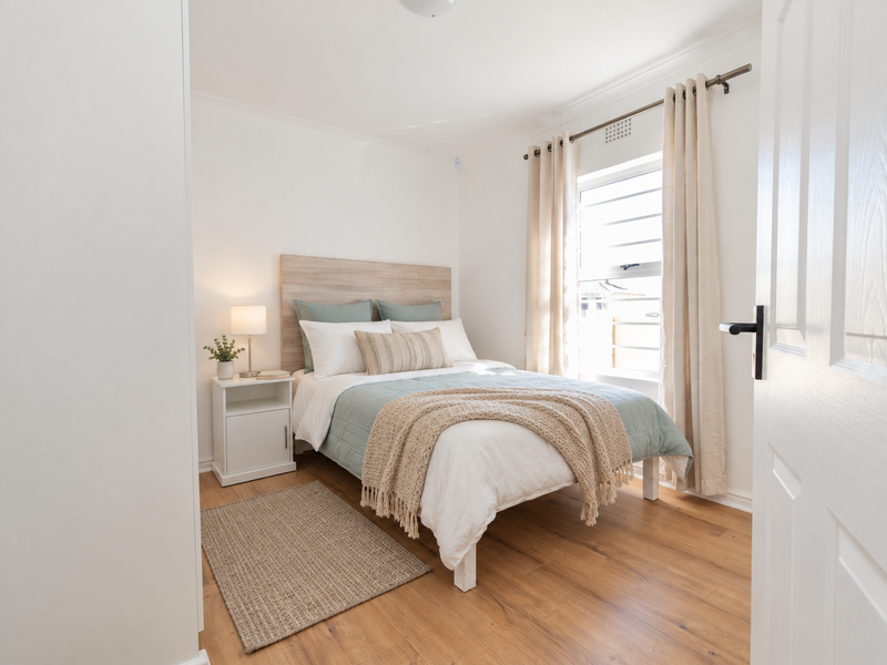 A bright and well-maintained bedroom featuring laminate flooring and a functional louvre window with curtain rod.