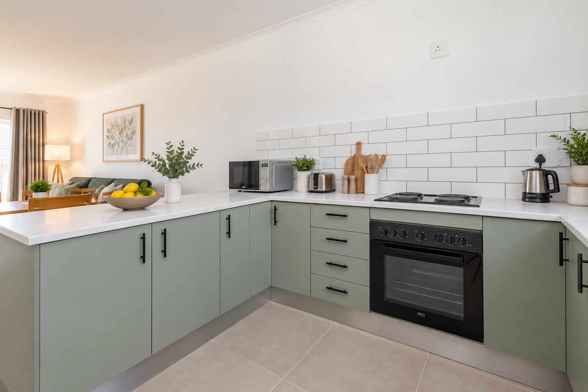Modern kitchen featuring sage green cabinetry, white quartz countertops, subway tile backsplash, and integrated oven with electric hob.