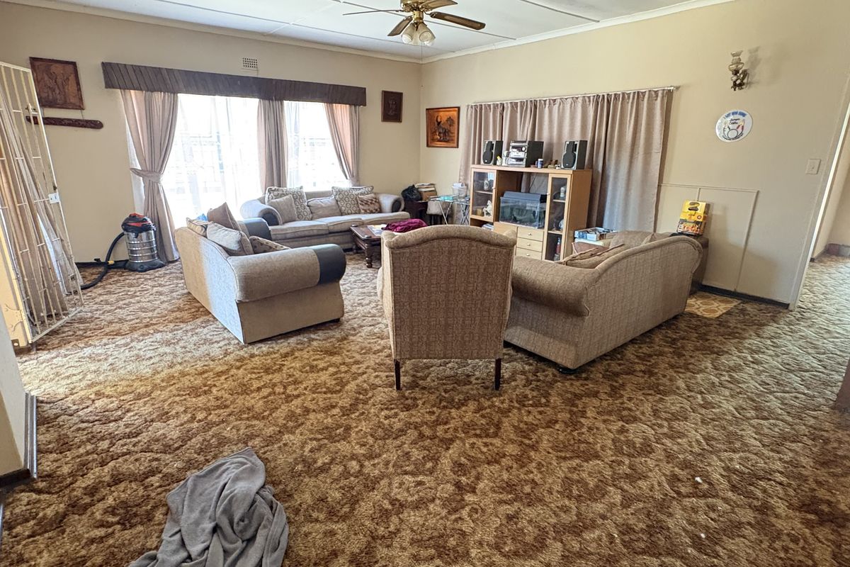 Spacious living room featuring a ceiling fan and large windows with curtain rails, currently finished with dated wall-to-wall carpeting.