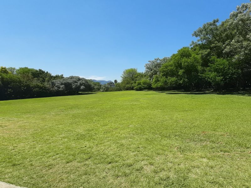 A spacious, well-maintained grassy plot surrounded by mature trees, offering a peaceful and open outdoor setting.