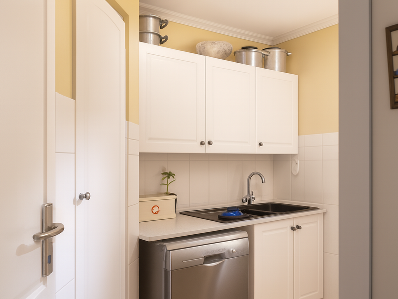 A compact and functional scullery featuring white built-in cabinetry, a stainless steel sink with mixer tap, and clean tiled splashbacks.