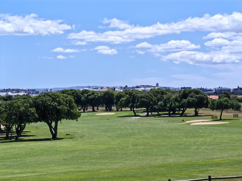 A scenic view overlooking a well-maintained golf course with mature trees and distant coastal town architecture.
