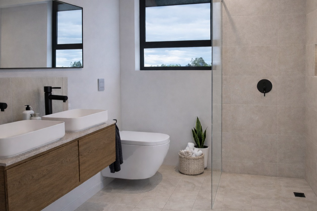 Modern bathroom featuring a double vanity with wood cabinetry, wall-mounted toilet, and a spacious walk-in shower with contemporary black matte fixtures.