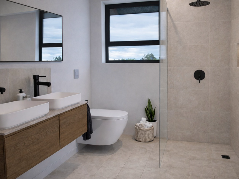 Modern bathroom featuring a double vanity with wood cabinetry, wall-mounted toilet, and a spacious walk-in shower with contemporary black matte fixtures.