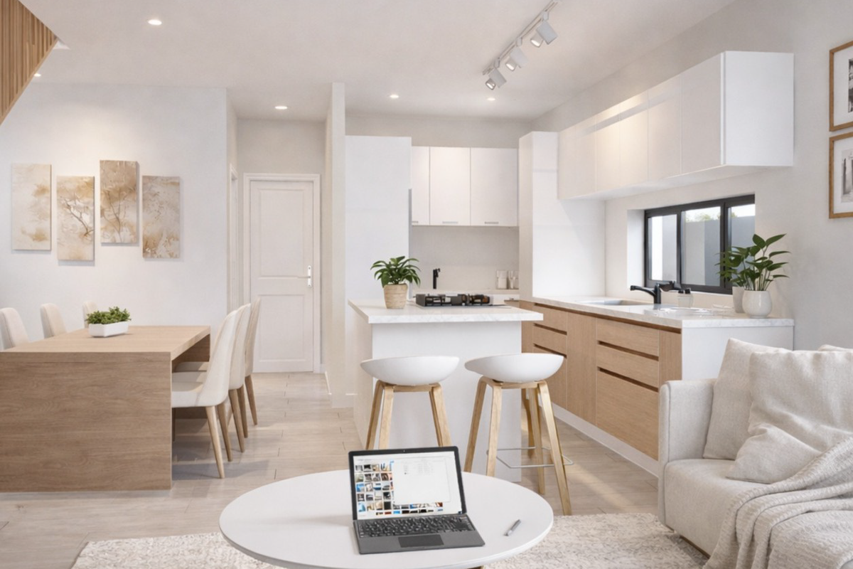 Modern open-plan living area featuring a contemporary kitchen with light wood cabinetry, a central island, and seamless flow into the dining and lounge spaces.