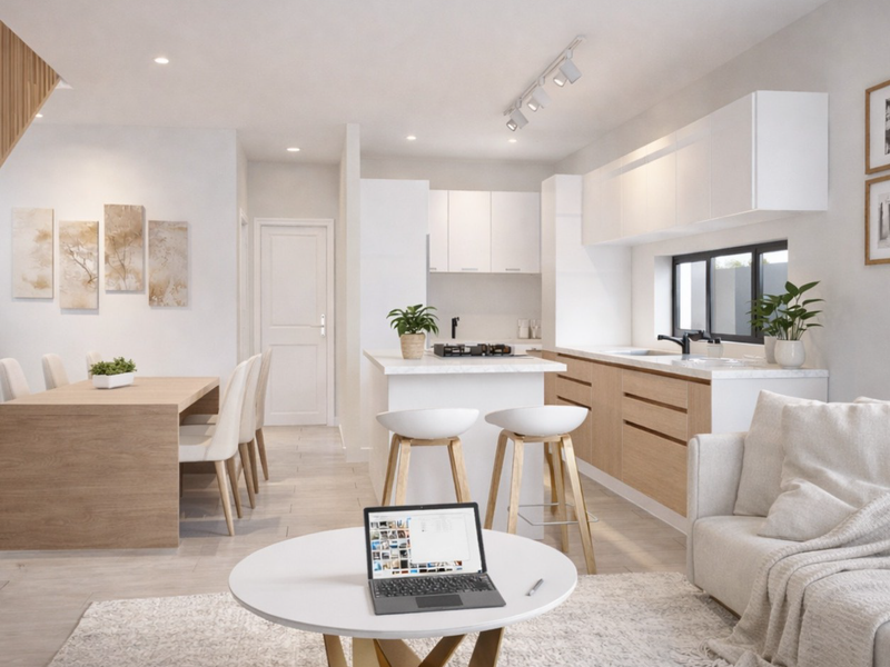 Modern open-plan living area featuring a contemporary kitchen with light wood cabinetry, a central island, and seamless flow into the dining and lounge spaces.
