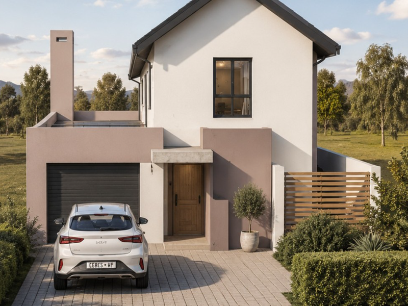 Front elevation of a modern townhouse featuring a paved driveway, integrated garage, and timber accents set within a landscaped garden.