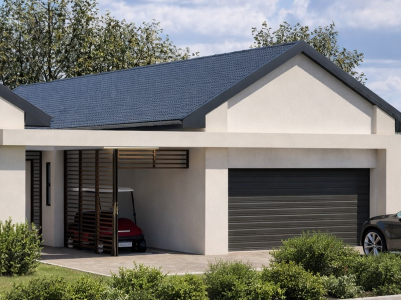 Modern townhouse exterior featuring a double garage, integrated carport with timber screening, and a paved driveway set within a landscaped estate.