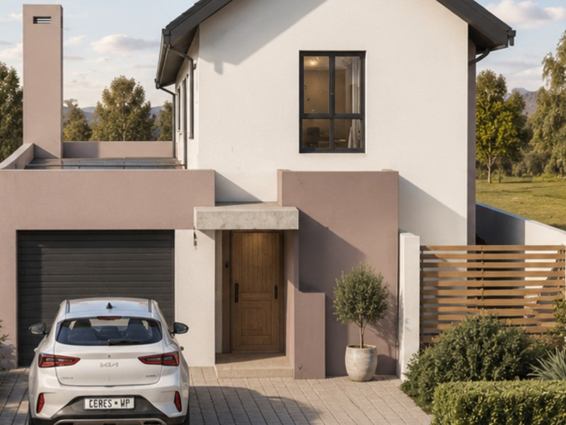 Modern townhouse exterior featuring a paved driveway, single garage, timber front door, and clean architectural lines with a pitched roof design.
