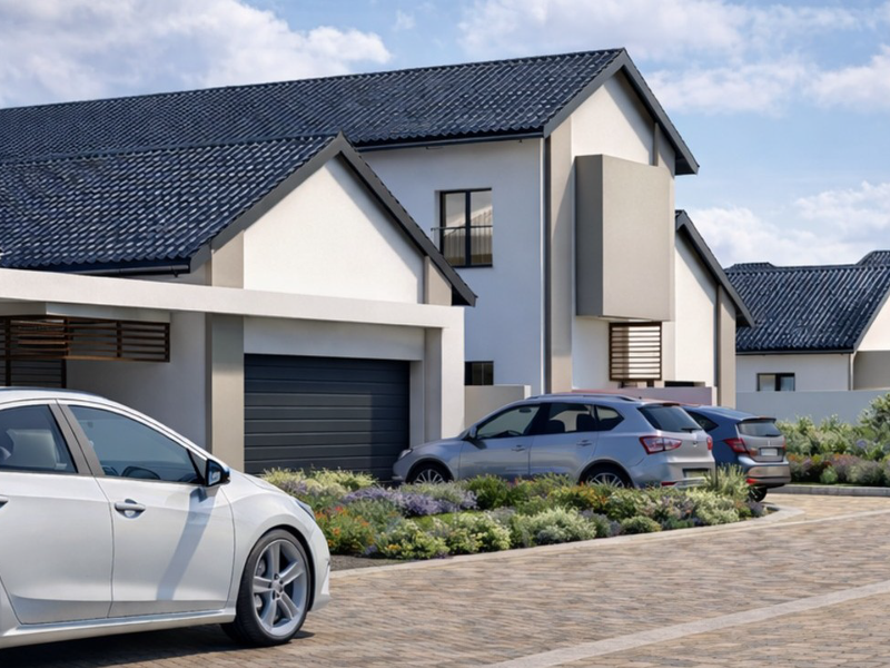 Modern townhouse exterior featuring a tiled roof, integrated garage, and neatly landscaped garden beds along a paved driveway.