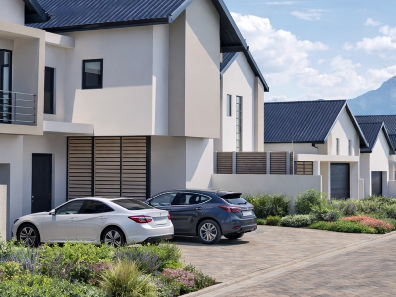 A modern townhouse complex featuring contemporary architectural design, metal roofing, paved driveways, and well-maintained landscaped gardens with mountain views.