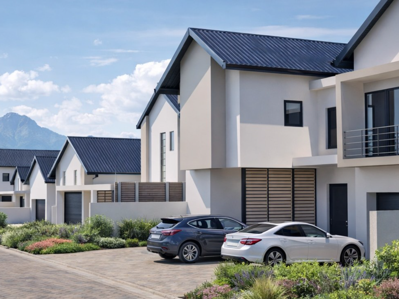 A modern townhouse complex featuring contemporary architecture, paved driveways, and mountain views in a well-maintained residential estate.