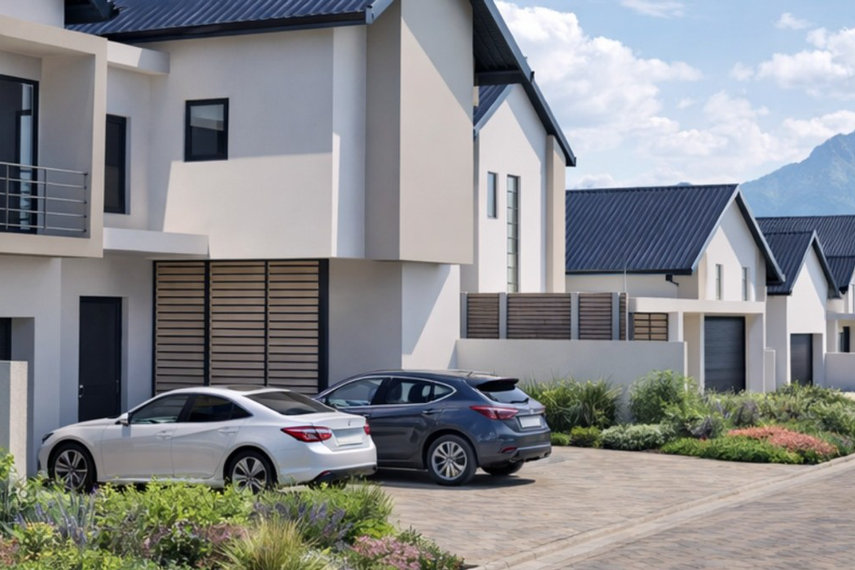 Modern townhouse complex featuring contemporary architectural design, paved driveways, integrated garages, and landscaped gardens with mountain views.