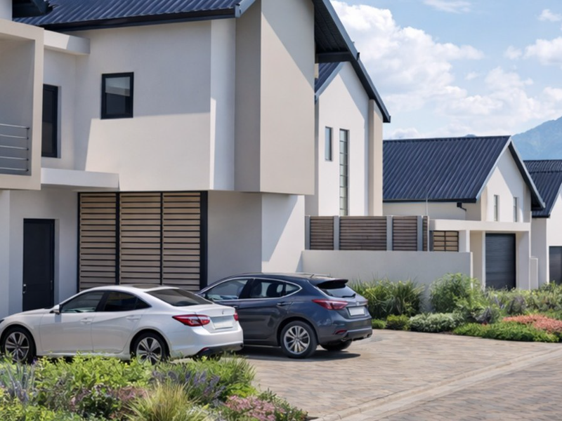 Modern townhouse complex featuring contemporary architectural design, paved driveways, integrated garages, and landscaped gardens with mountain views.