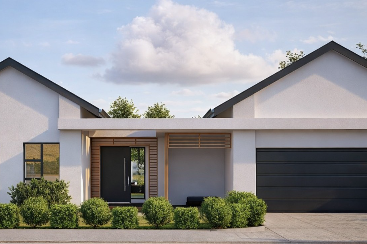 Modern townhouse exterior featuring a clean white facade, pitched roof, double garage, and a welcoming covered entrance with timber accents.