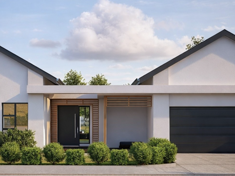 Modern townhouse exterior featuring a clean white facade, pitched roof, double garage, and a welcoming covered entrance with timber accents.