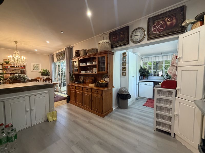 Open-plan living and kitchen area featuring modern laminate flooring, recessed lighting, and direct access to the garden through classic french doors.