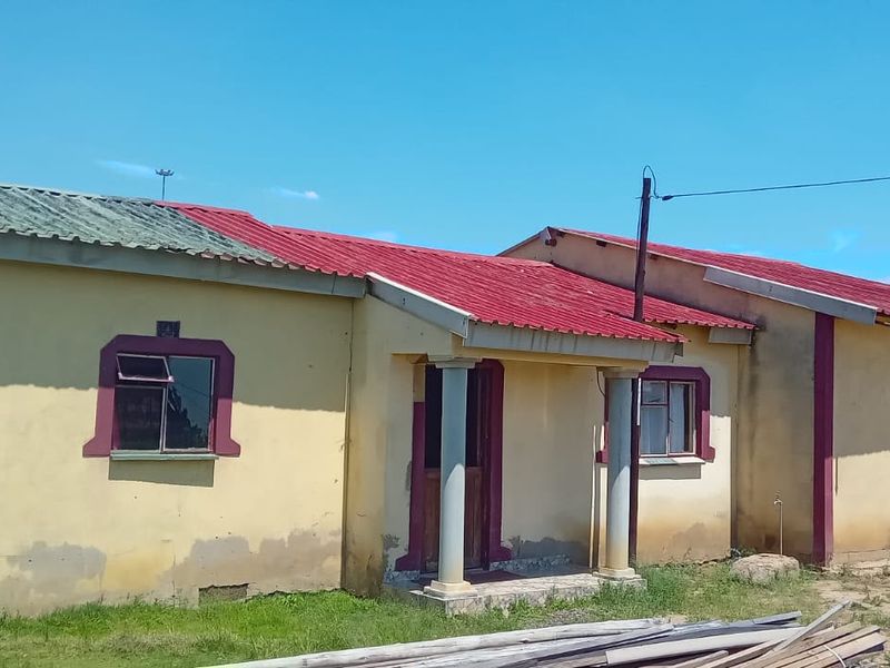 Front elevation of a single-story house featuring a red corrugated metal roof, covered entrance porch with concrete columns, and steel-framed windows.