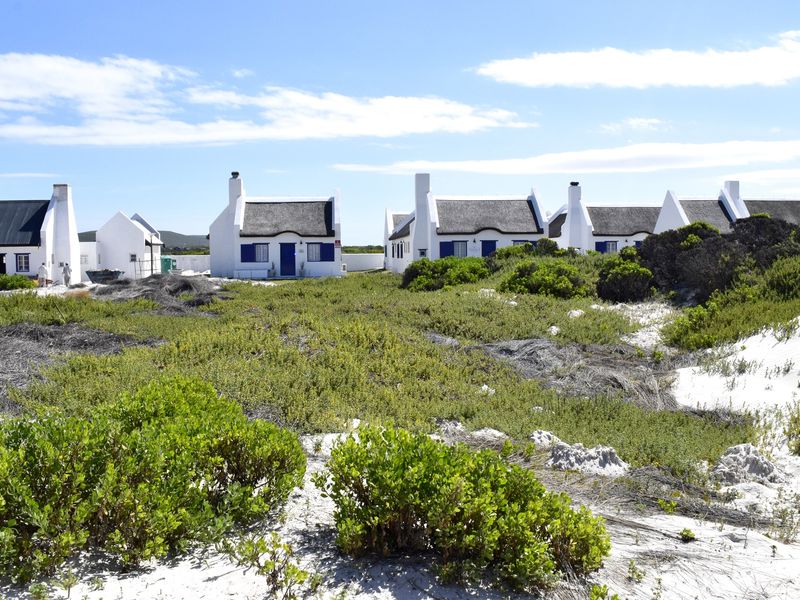 A view of multiple coastal cottages with traditional thatched roofs situated in a natural sandy landscape with native vegetation.
