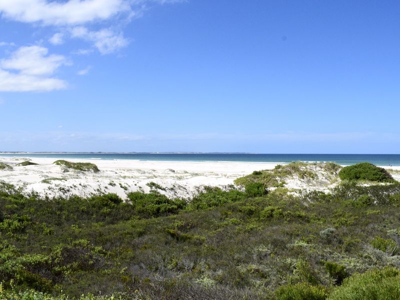 A scenic view of the pristine coastal landscape featuring white sand dunes and the ocean horizon.