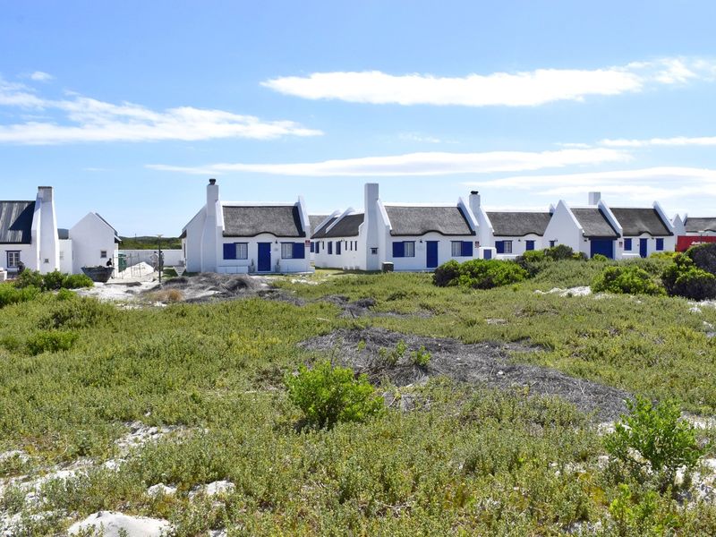 A row of white cottages with traditional thatched roofs and blue shutters, situated in a coastal landscape with natural vegetation.
