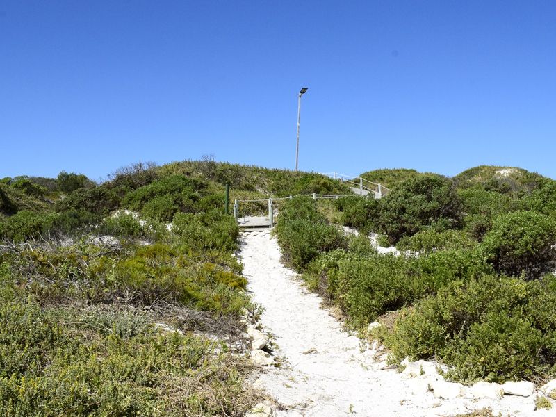 A sandy path leading to a wooden boardwalk and rope railing set within a natural coastal landscape with native vegetation.