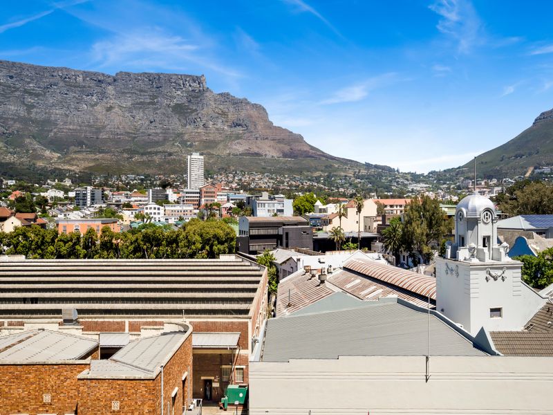 An elevated urban view overlooking the surrounding neighborhood with Table Mountain in the background.