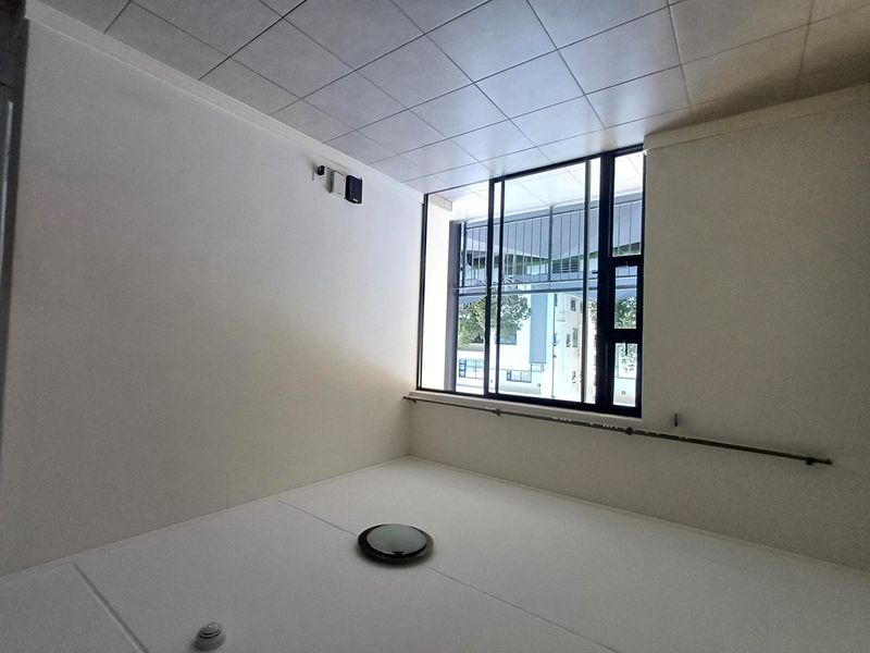 An empty bedroom featuring a tiled ceiling, large sliding window with a metal handrail, and neutral white walls.