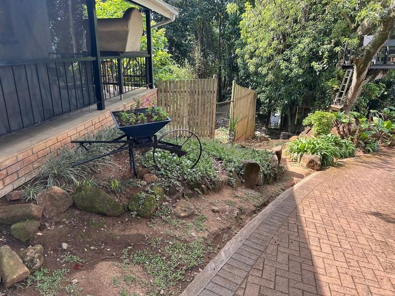 A view of the rear exterior featuring a brick paved driveway, a timber fence, and a covered patio area surrounded by established garden landscaping.