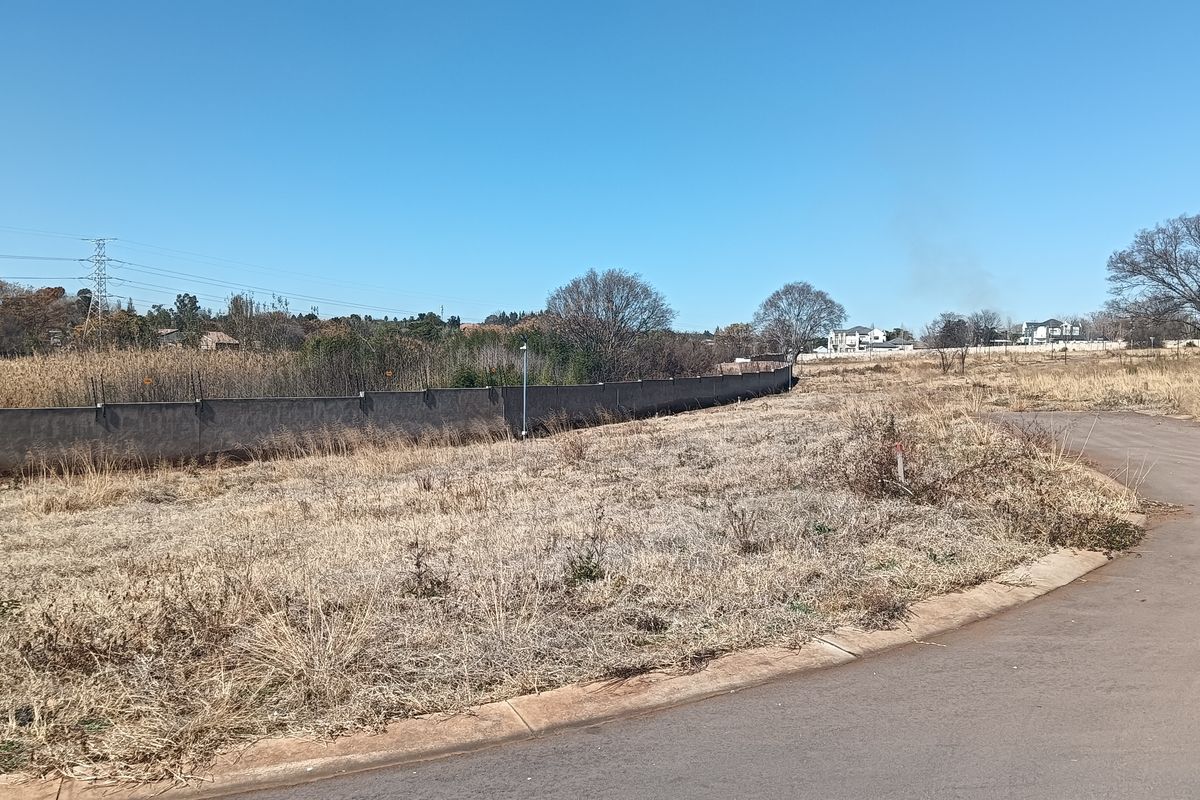 A vacant residential plot featuring a perimeter wall, adjacent paved road, and natural dry vegetation, offering a clear view of the surrounding neighborhood.