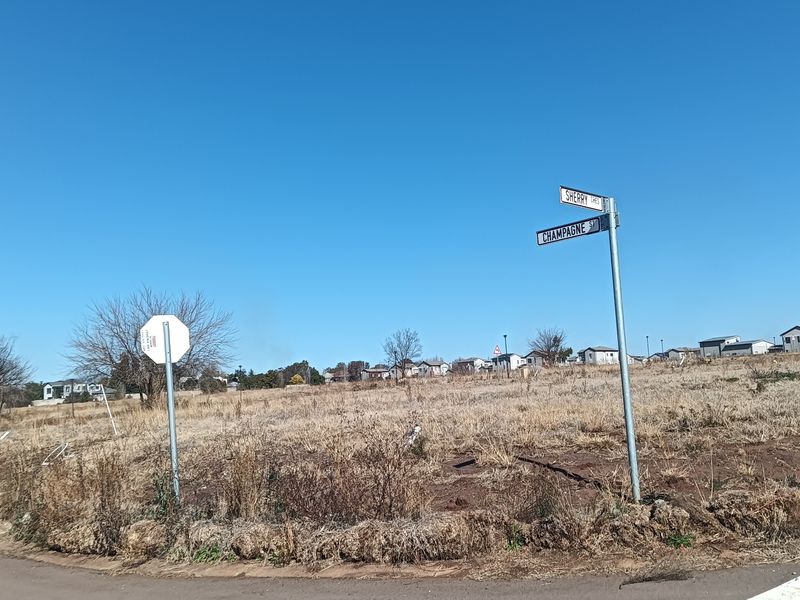 A street corner view of a vacant residential plot featuring street signage at the intersection of Sherry Crescent and Champagne Street.