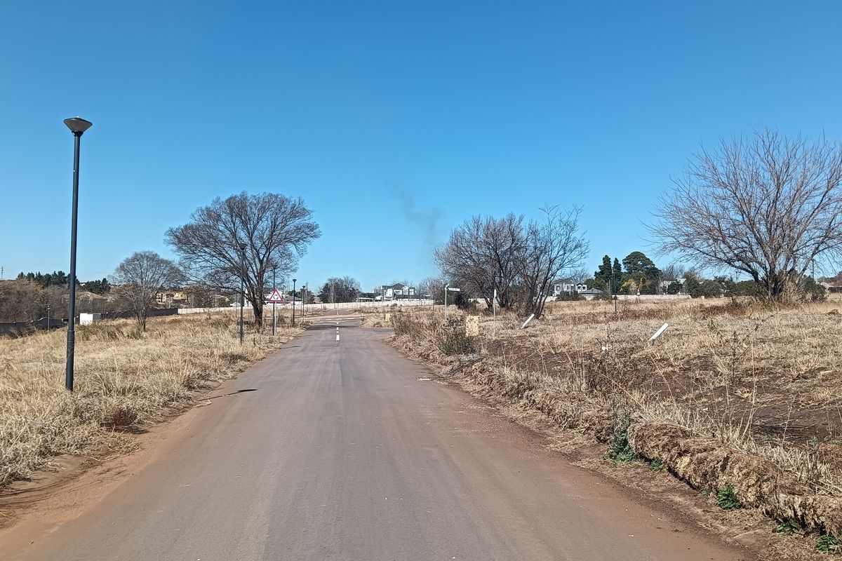 A view of a paved residential street flanked by undeveloped land with dry grass and mature trees under a clear blue sky.