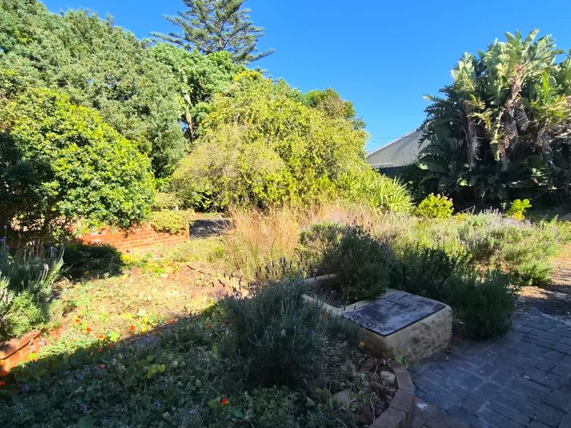 A landscaped garden area featuring established trees, shrubs, brick paving, and a stone planter box.