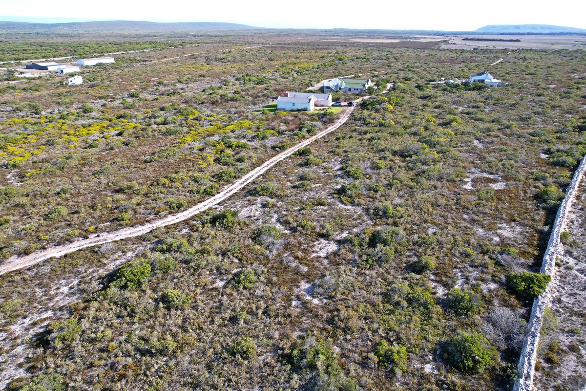 An aerial view of a large residential vacant land plot featuring natural fynbos vegetation, a dirt access road, and a stone boundary wall.