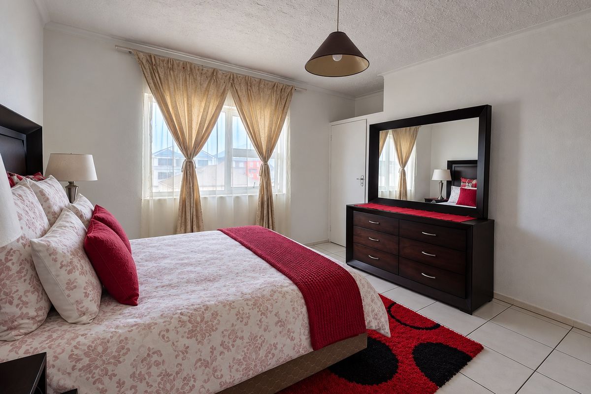 A well-maintained bedroom featuring tiled flooring, a built-in cupboard, and a central pendant light fixture, offering a functional and comfortable living space.