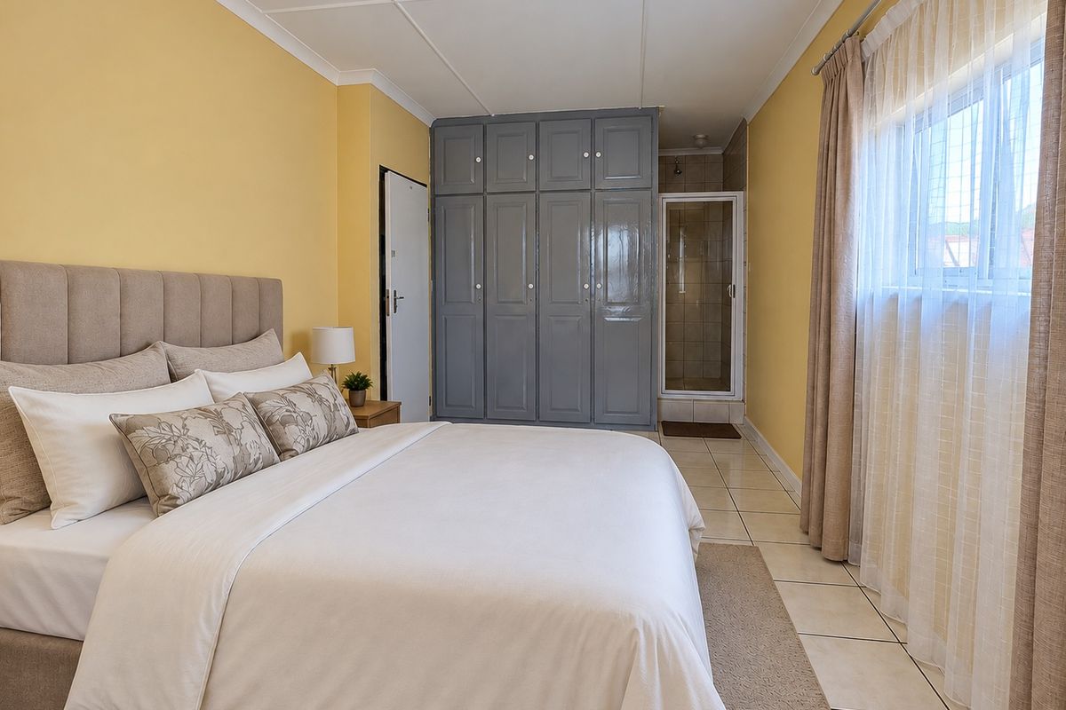 A well-maintained bedroom featuring built-in cupboards, tiled flooring, and an en-suite shower room, offering a functional and comfortable living space.