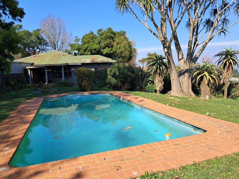 Outdoor pool area featuring a rectangular swimming pool with brick coping, set within a garden with mature trees and a house with a metal roof.