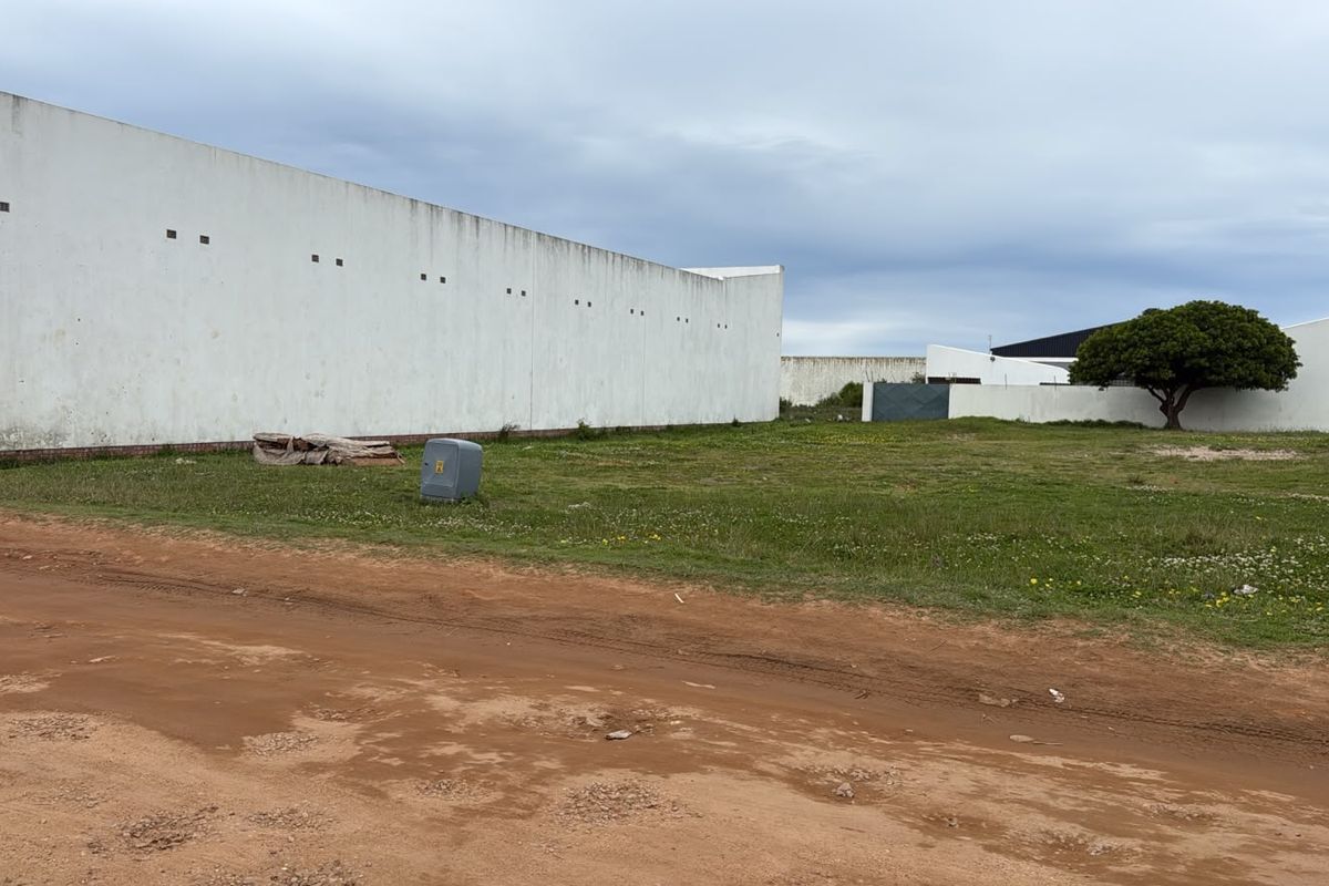 A vacant residential plot featuring a long boundary wall and an electrical utility box, accessible via an unpaved road.
