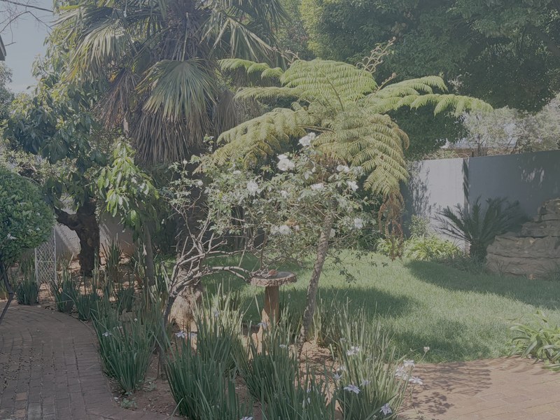 A lush, well-maintained garden featuring mature trees, a brick-paved pathway, and a stone water feature set against a private boundary wall.