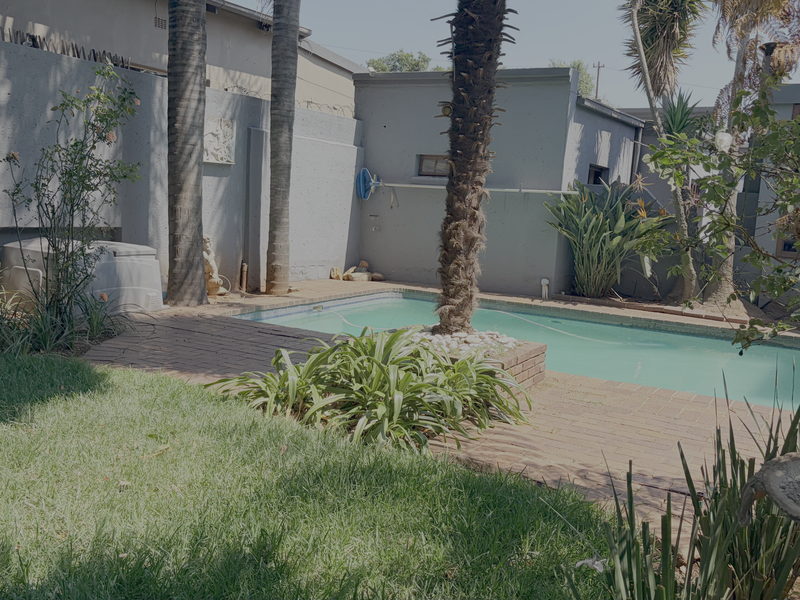 A private backyard pool area featuring a swimming pool, brick paved surround, and established garden landscaping with boundary walls.
