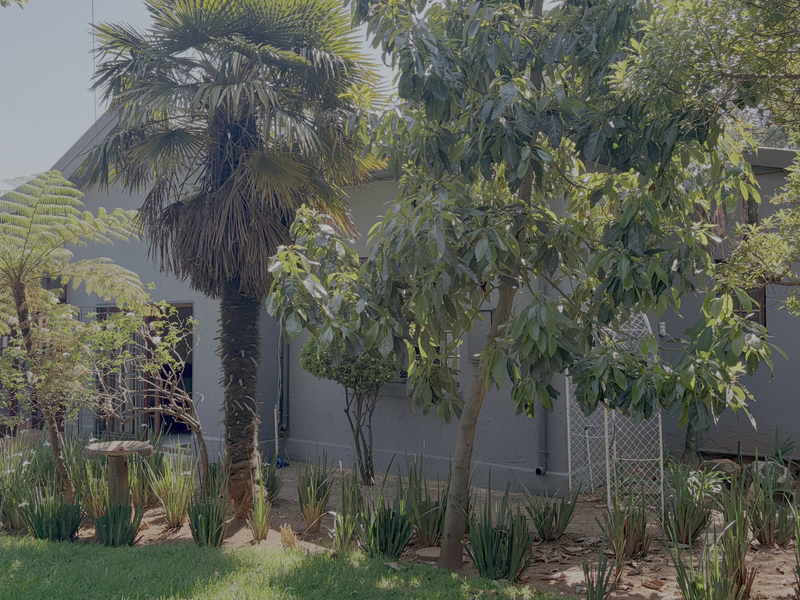 A view of the rear exterior featuring a landscaped garden, mature trees, a brick patio area, and a glimpse of the swimming pool.