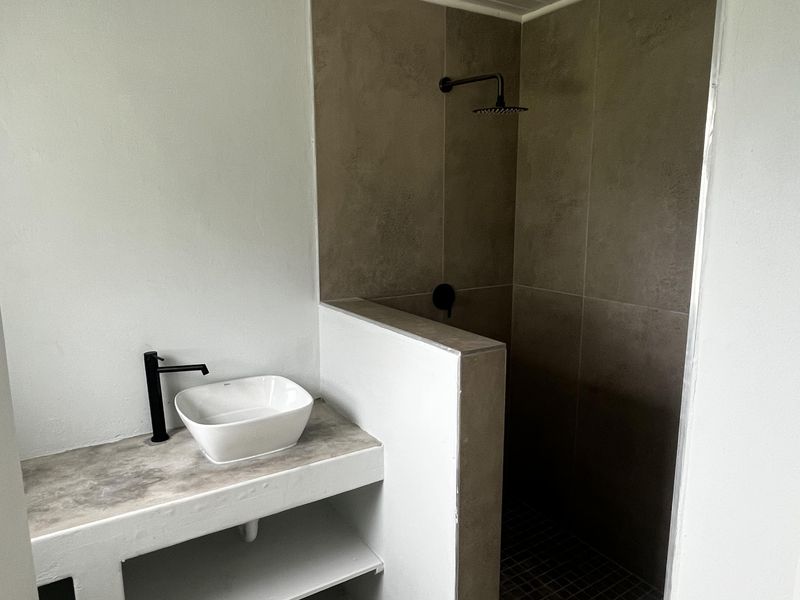 Modern bathroom featuring a walk-in shower with tiled walls, a vessel sink on a built-in vanity, and contemporary black fixtures.